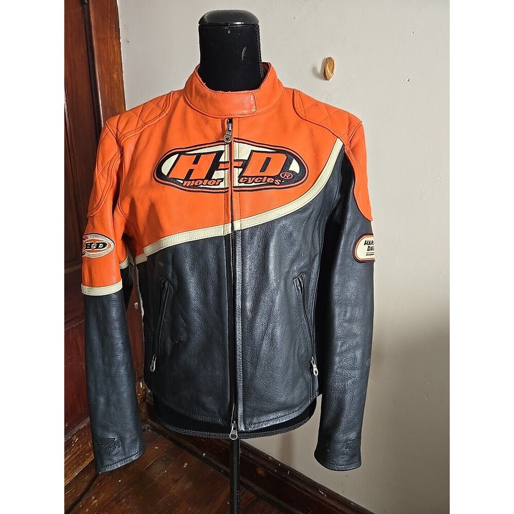 C17 Vintage Harley Davidson Leather Jacket Sz LG Zip Sleeve Stretch Waist